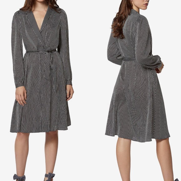 Avec Les Filles Revolve Striped Midi Robe Wrap Long Sleeve Dress S Black White